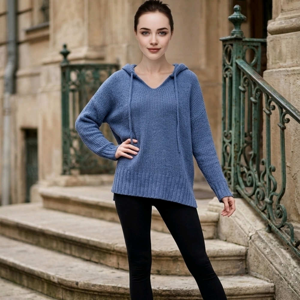 aerie Blue V-Neck Hooded Knit Sweater
